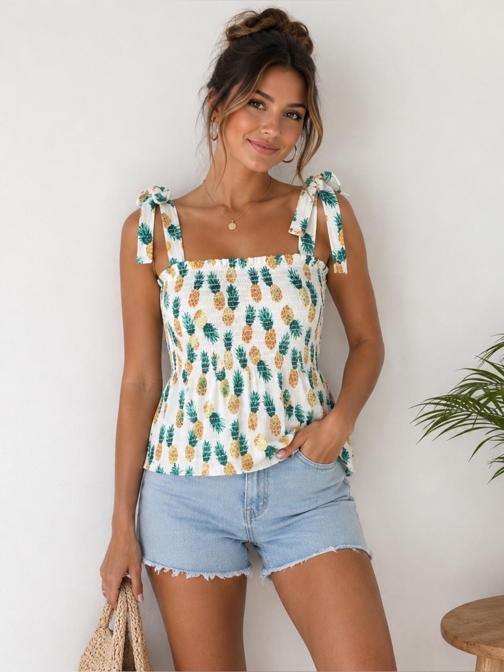 J.crew pineapple Smocked tie-shoulder tank top